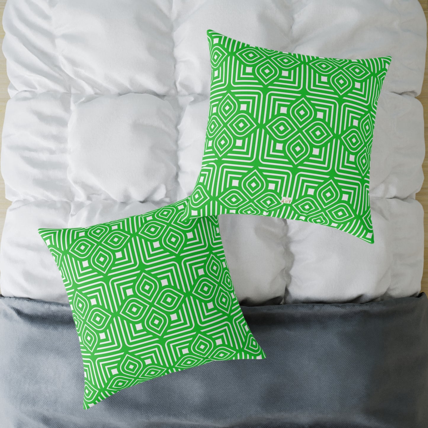 Geometric Diamond Tile Square Pillow | Green White Pattern Throw Pillow