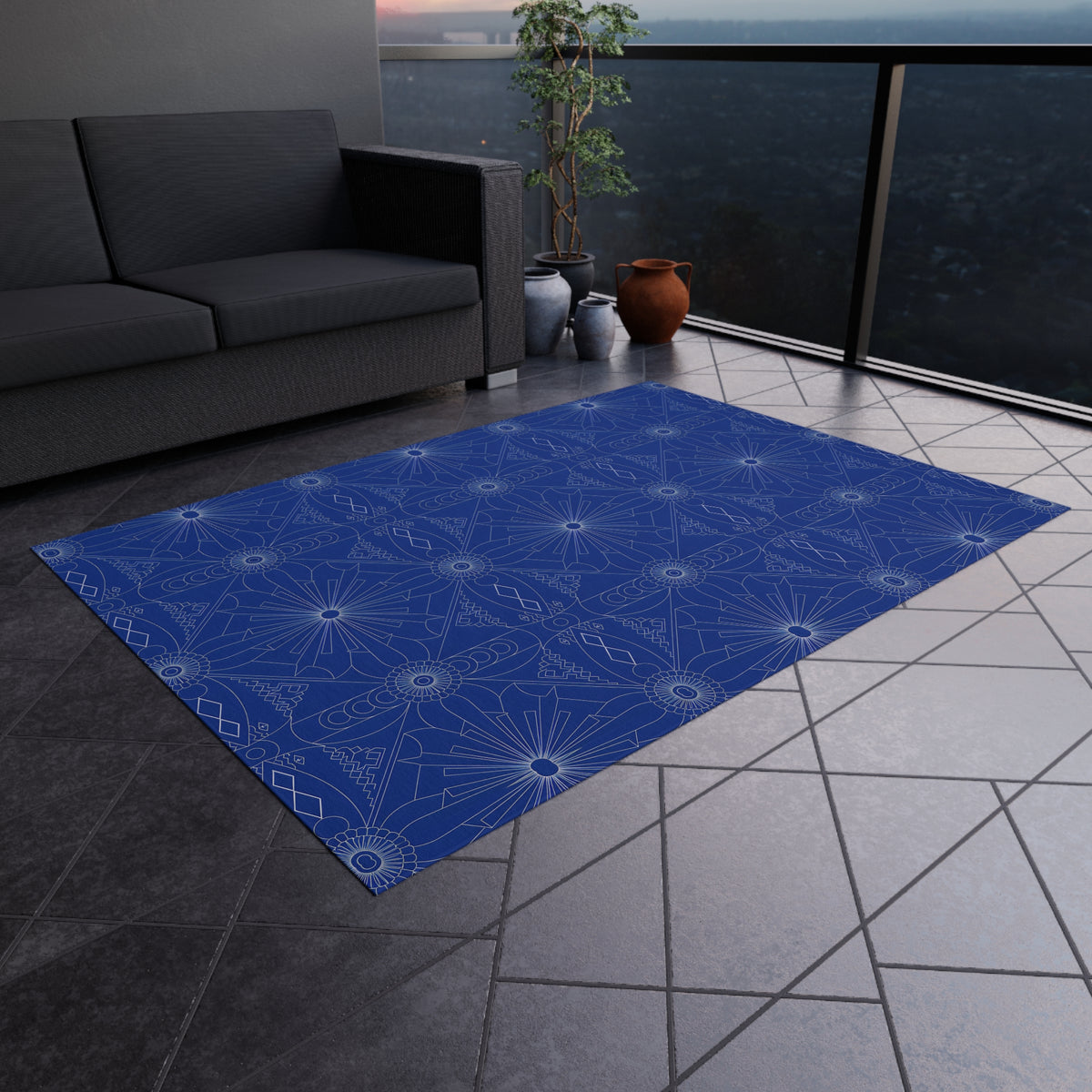 Cobalt Geometric Starburst Outdoor Rug | Patterned Patio Mat