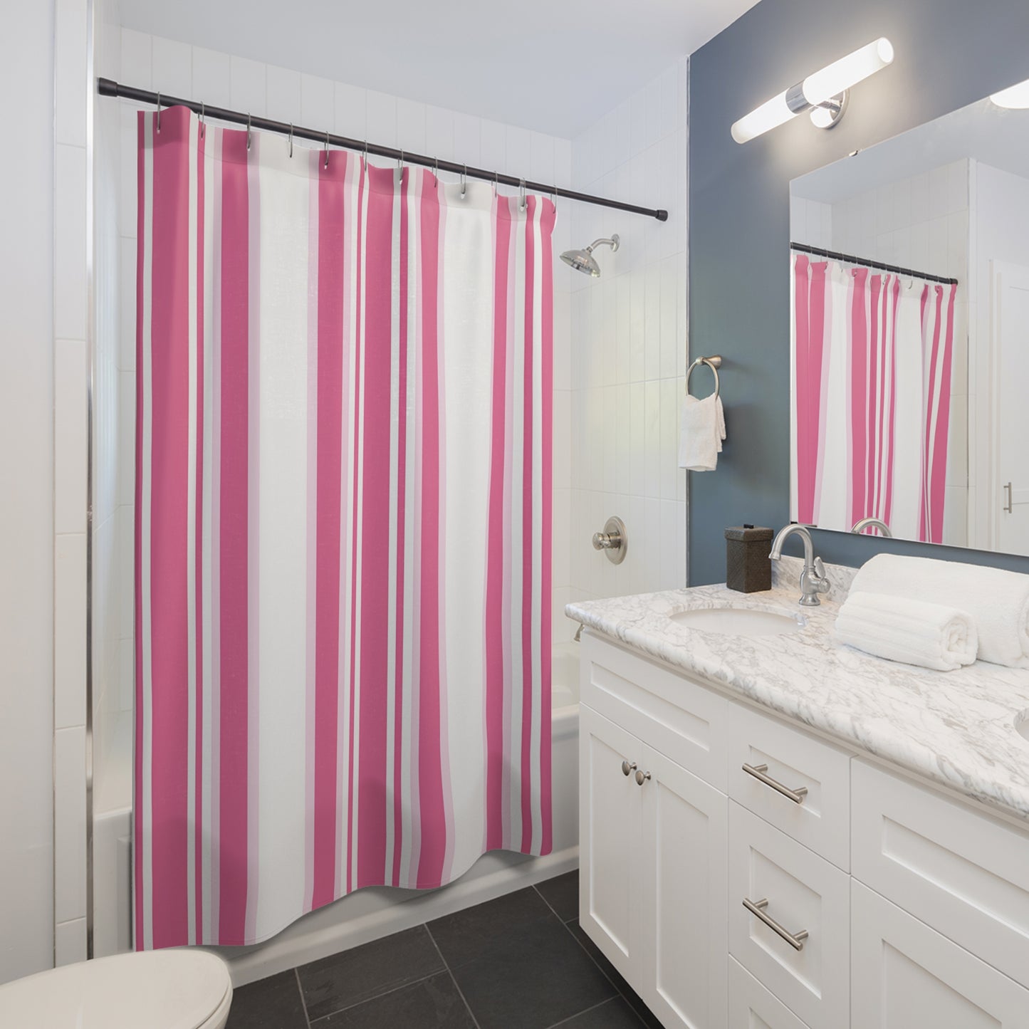 Pink Stripe Shower Curtain | Vertical Pink White Striped Bathroom Curtain