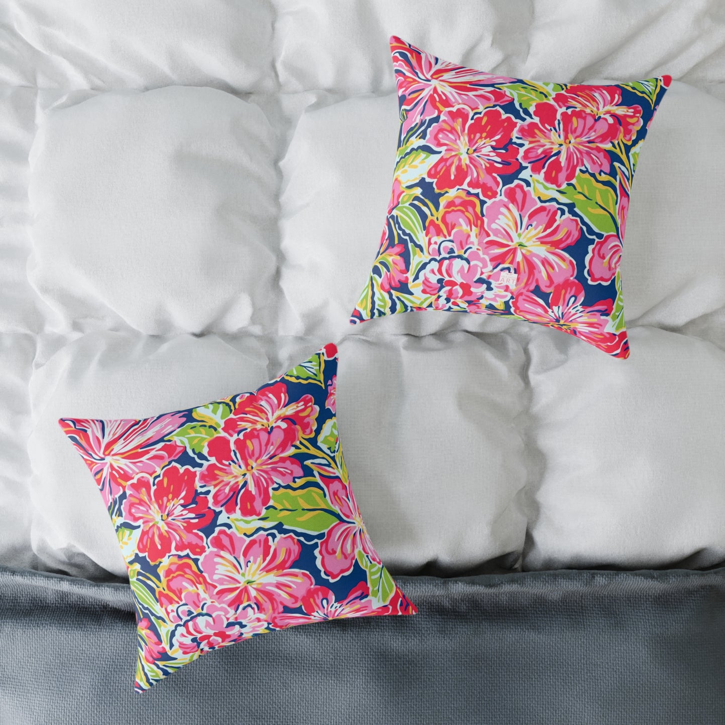 Pink Red Green Blue Tropical Hibiscus Floral Pillow | Square Poly Canvas Pillow