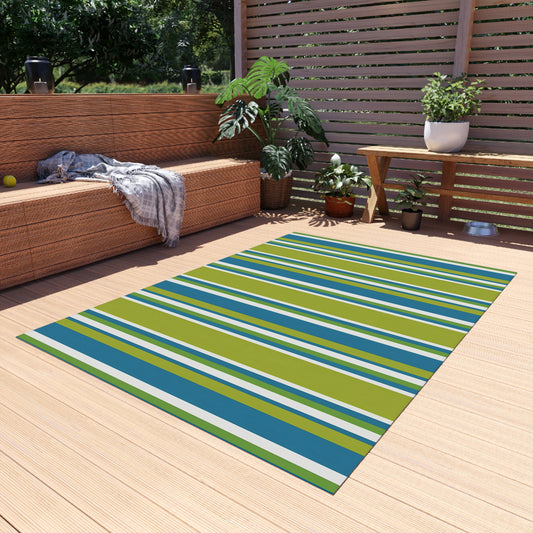 Blue Green White Stripe Outdoor/Indoor Rug | Patio Mat, Weather-Resistant