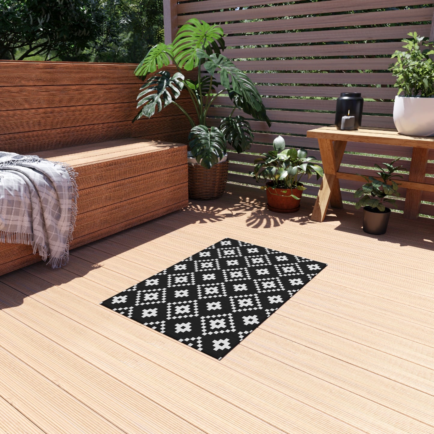 Black White Aztec Diamond Outdoor/Indoor Rug | Geometric Patio Mat
