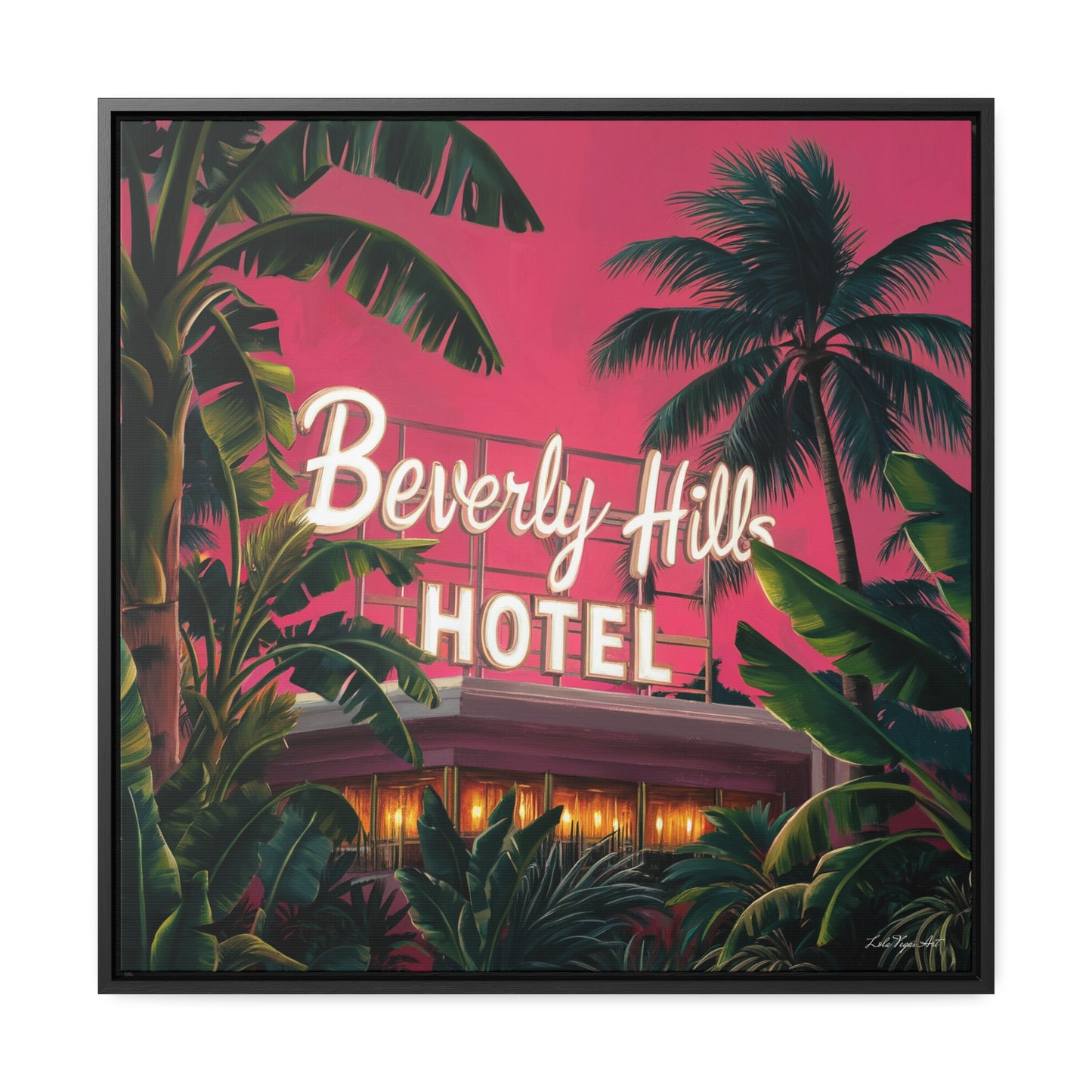 Square Frame Wall Art, Beverly Hills Hotel Retro Sign with Pink Sky and Palm Trees, Canvas Wrap, Home Decor, Gift for Her, Room Decoration