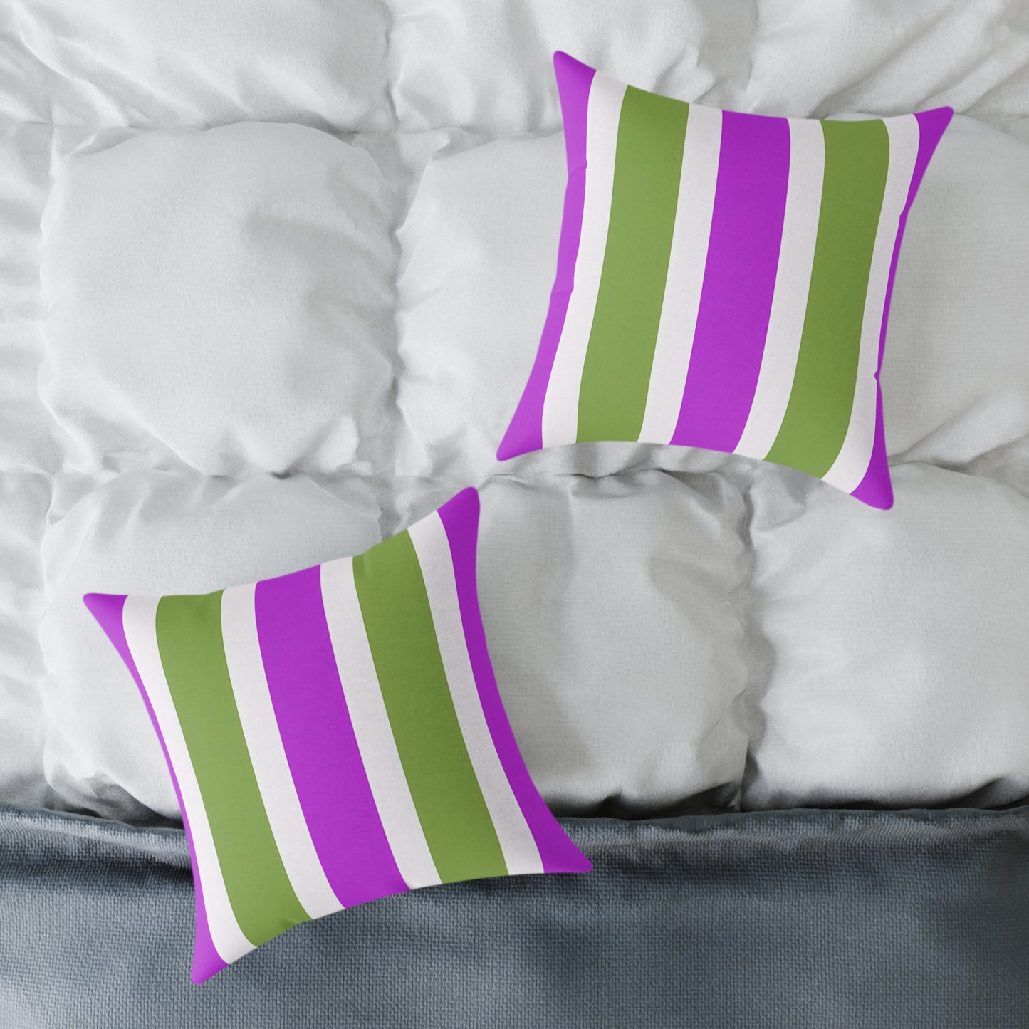 Magenta White and Green Vertical Stripe Pillow | Square Poly Canvas Pillow