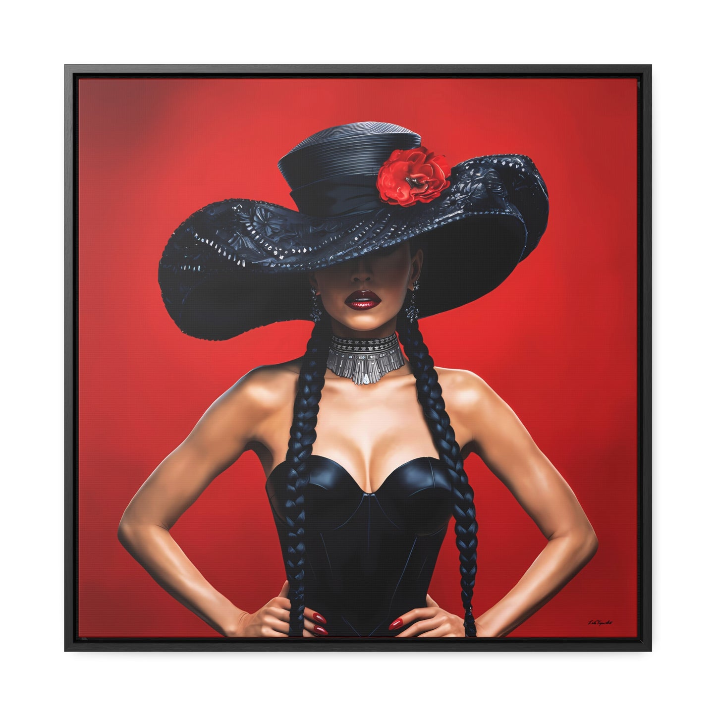 Square Canvas Wall Art, Latina Woman Black Hat Red Flower, Feminine Home Decor, Eclectic Art, Gallery Canvas Wrap, Square Frame