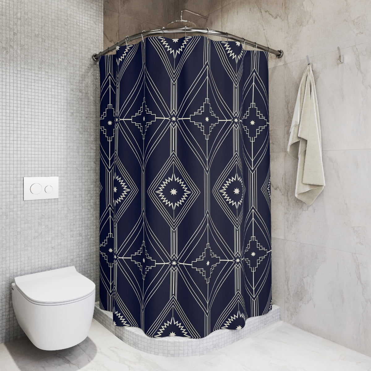 Navy Geometric Diamond Pattern Shower Curtain | Art Deco Inspired