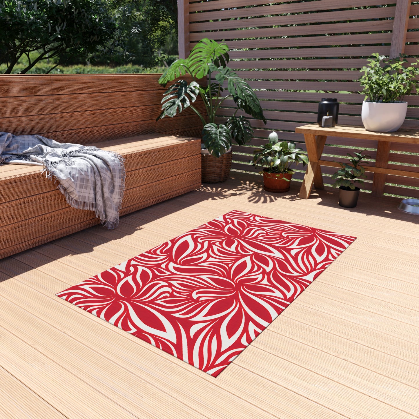 Red White Tropical Leaf Pattern Outdoor/Indoor Rug | Patio Mat