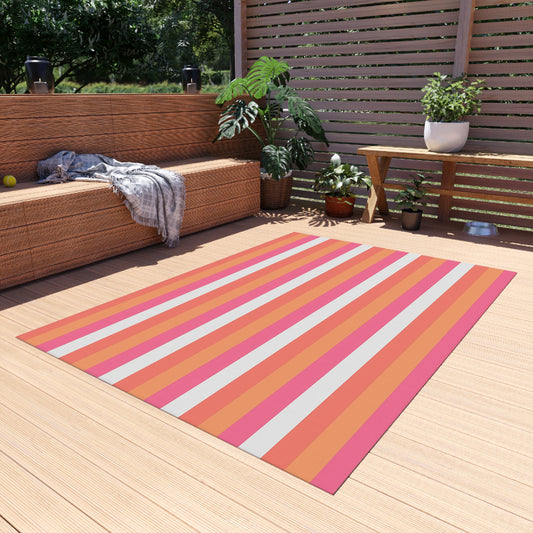 Coral Pink Striped Outdoor Rug | Patio Mat, Water-Resistant