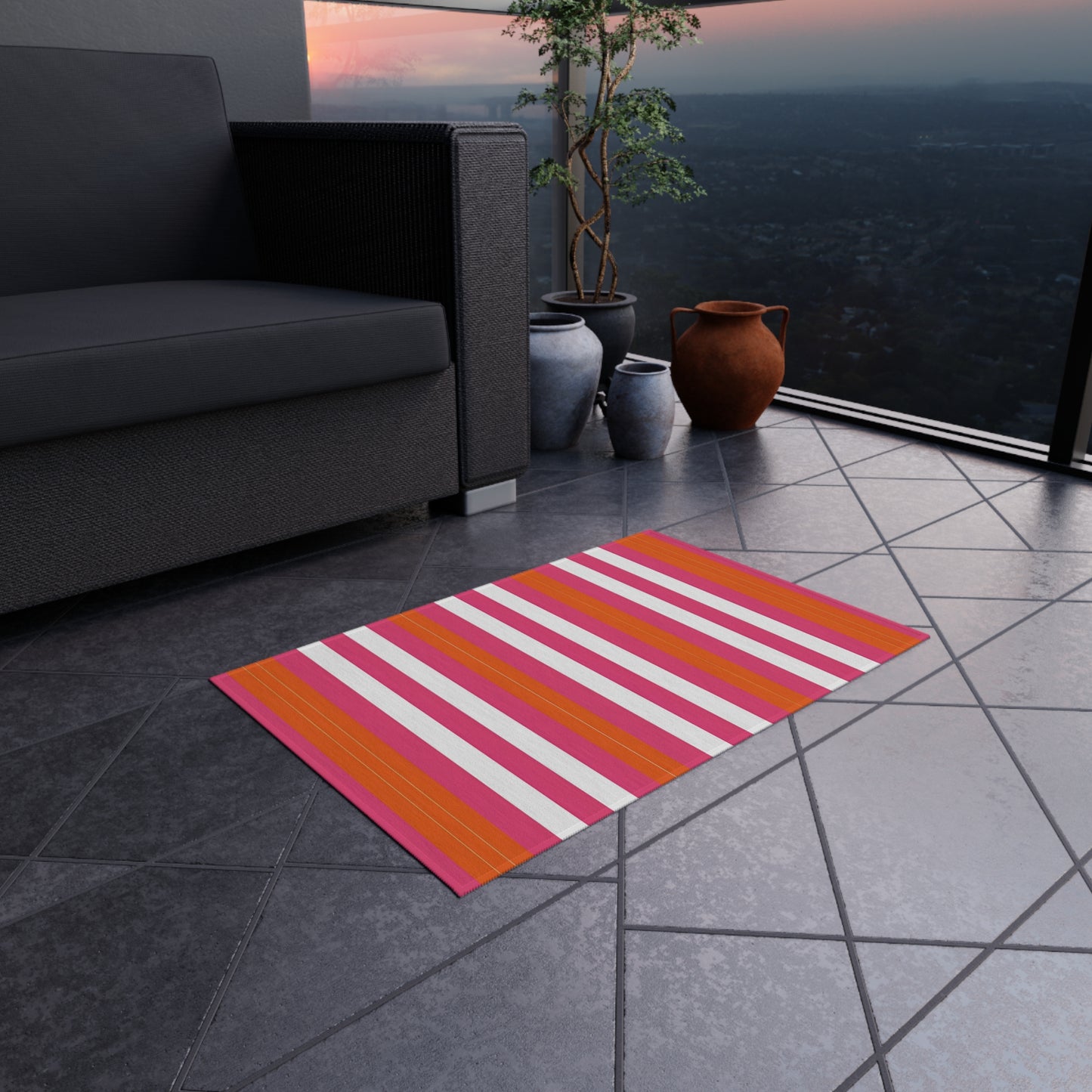 Bright Pink Orange Stripe Outdoor/Indoor Rug | Patio Mat, Weatherproof