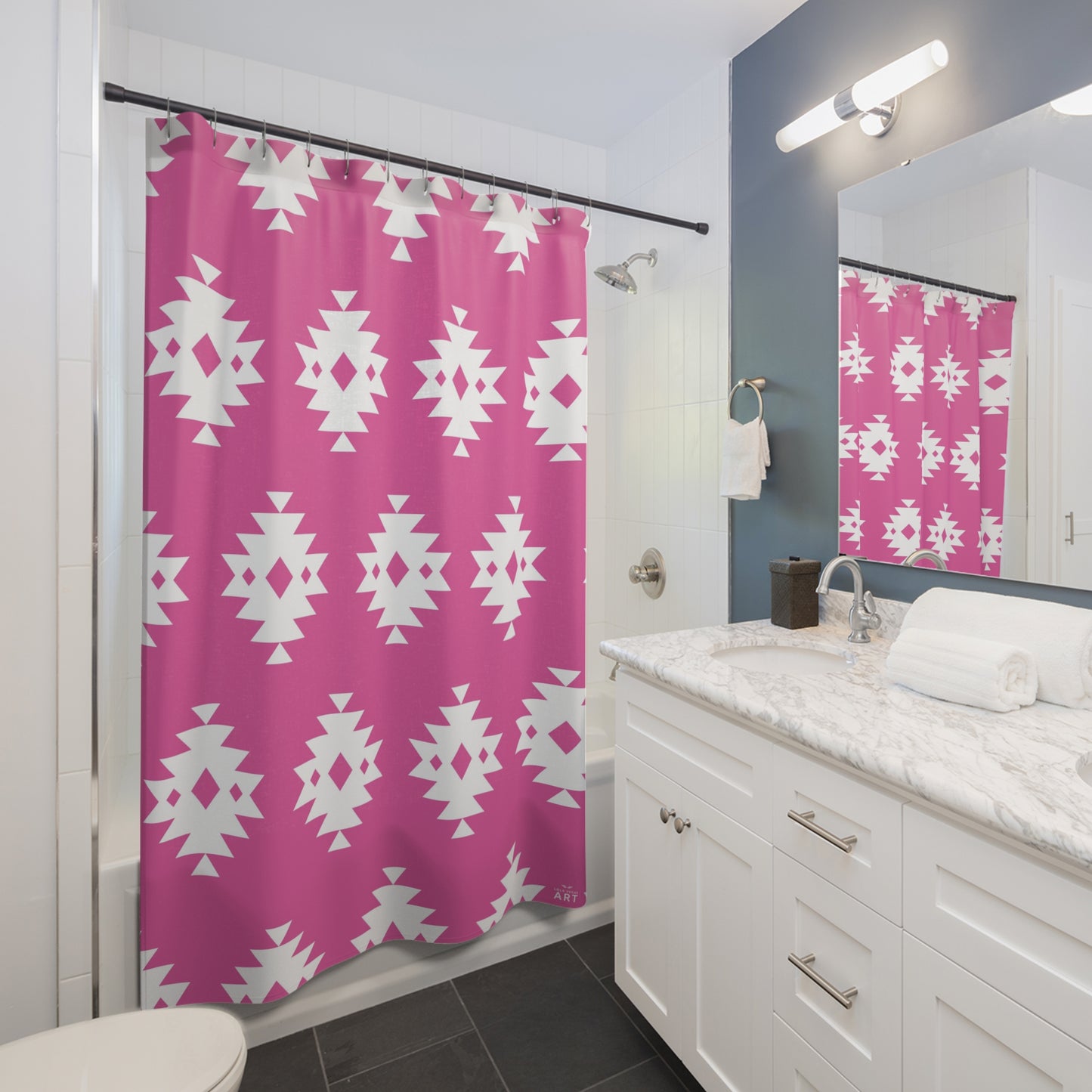 Pink White Boho Aztec Pattern Shower Curtain | Southwestern Geometric Bath Decor