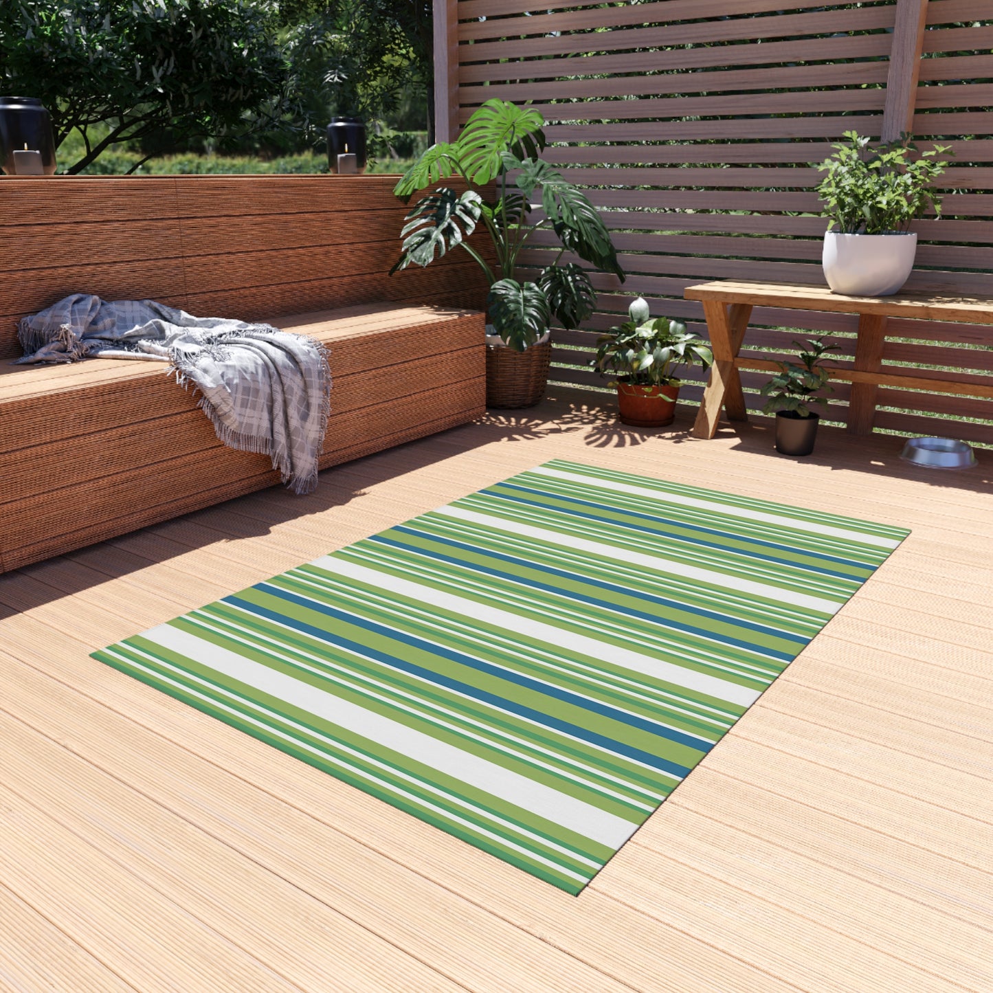 Green Blue White Stripe Outdoor Rug | Patio Mat, Weather-Resistant