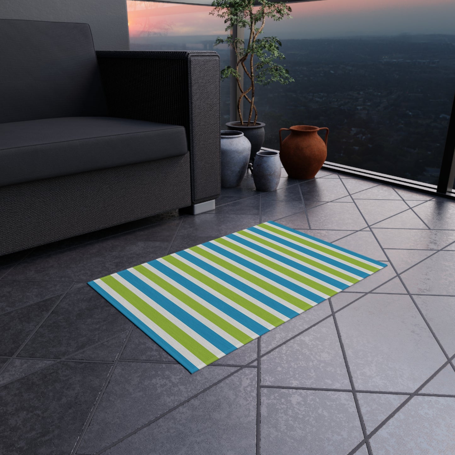 Blue Green Striped Outdoor/Indoor Rug | Patio Mat, Porch Deck Floor Covering