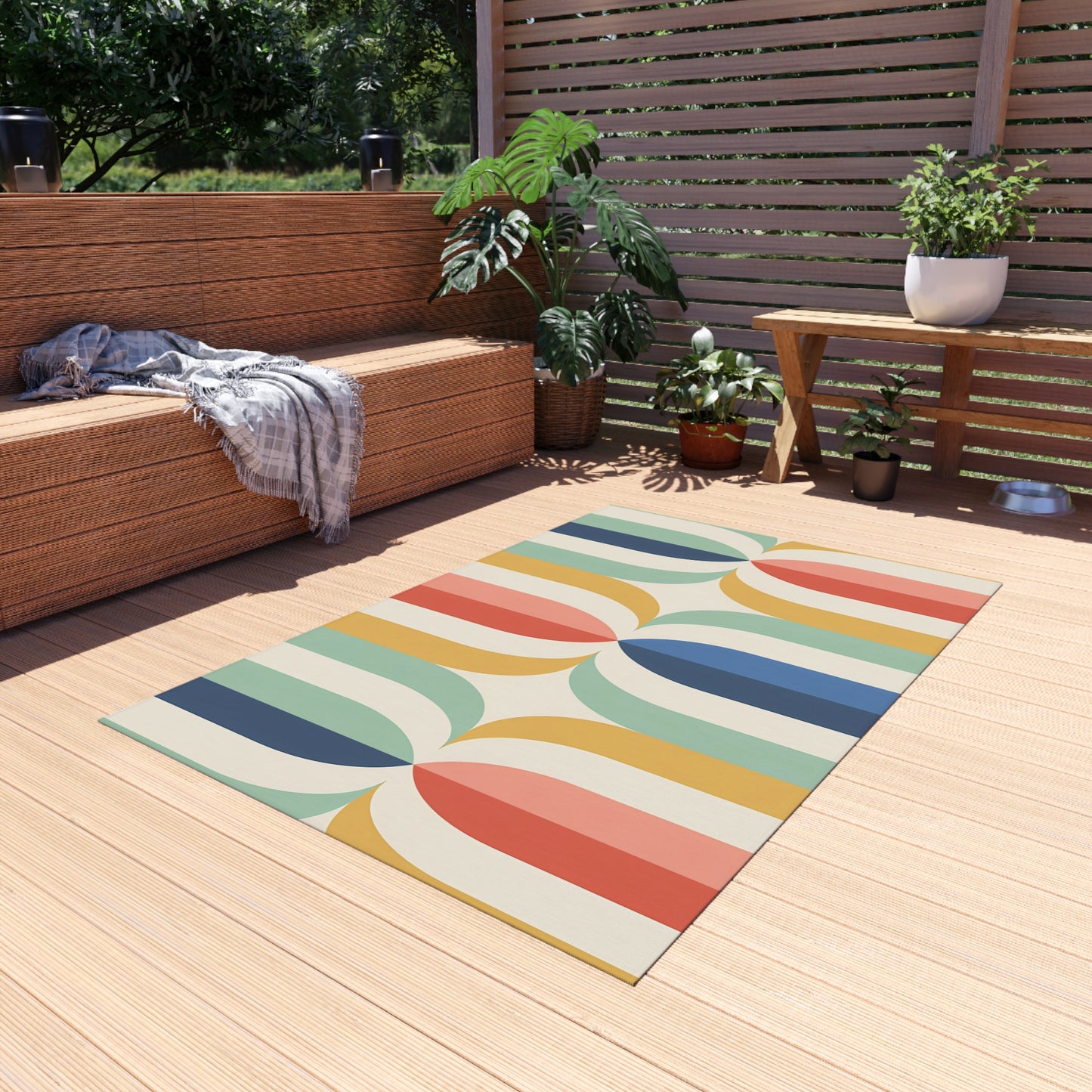 Mid Century Rainbow Arch Outdoor/Indoor Rug | Retro Geometric Patio Mat