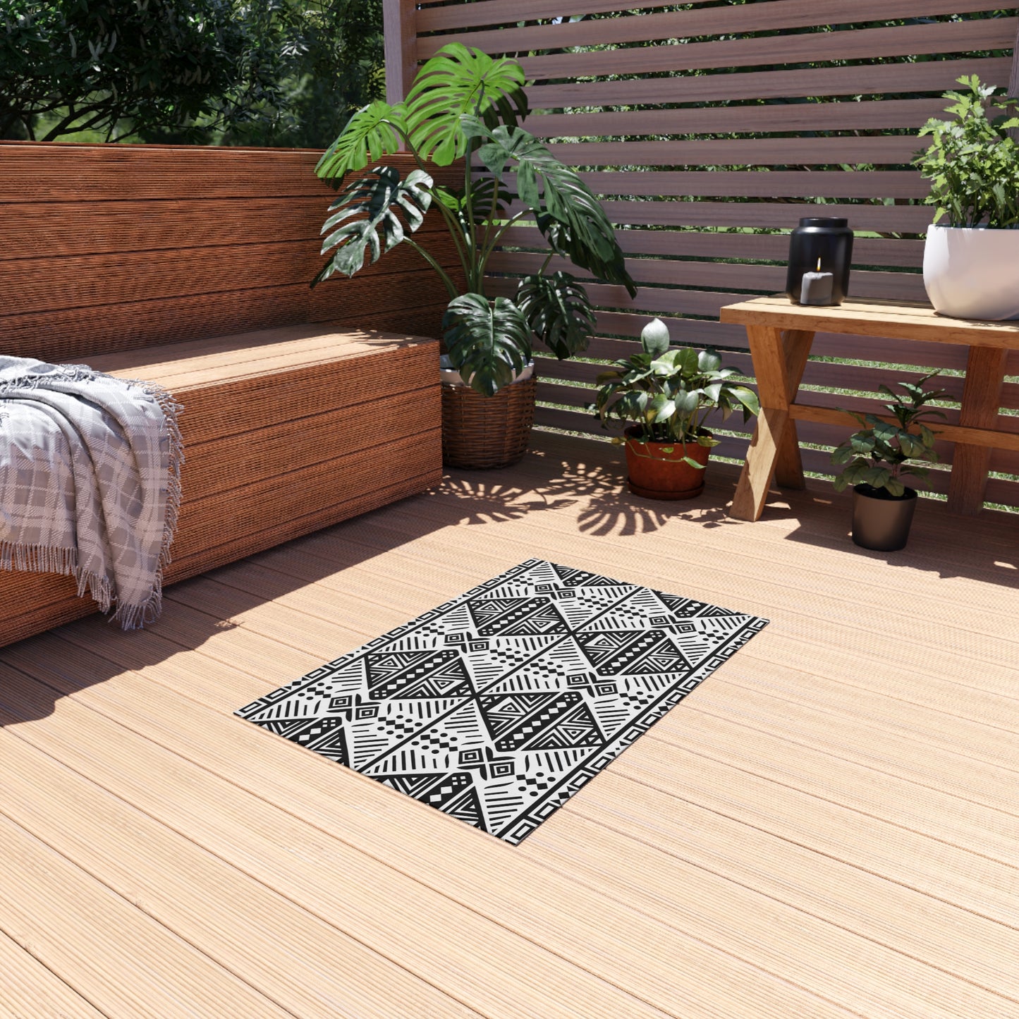 Black and White Tribal Stylish Outdoor Rug, Chic Patio Mat, Boho Floor Decor, Modern Entryway Carpet, Weather-Resistant Area Rug