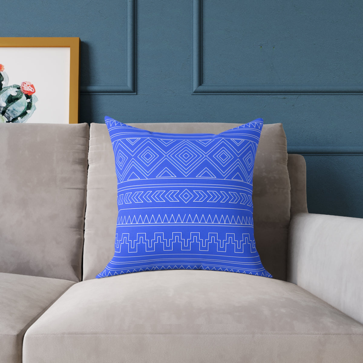 Blue Aztec Pattern Square Pillow | Geometric Tribal Throw Pillow