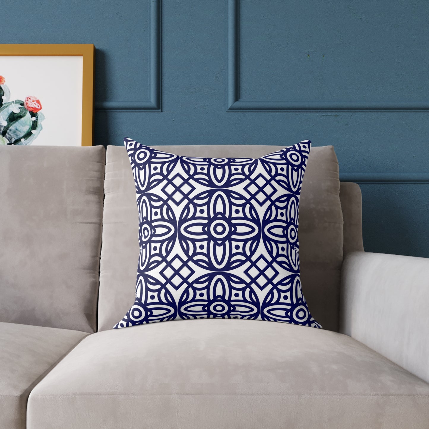 Navy Geometric Pattern Square Pillow | Blue Moroccan Motif, Boho Accent Cushion, Home Decor, Gift for Housewarming, Modern Interior Style
