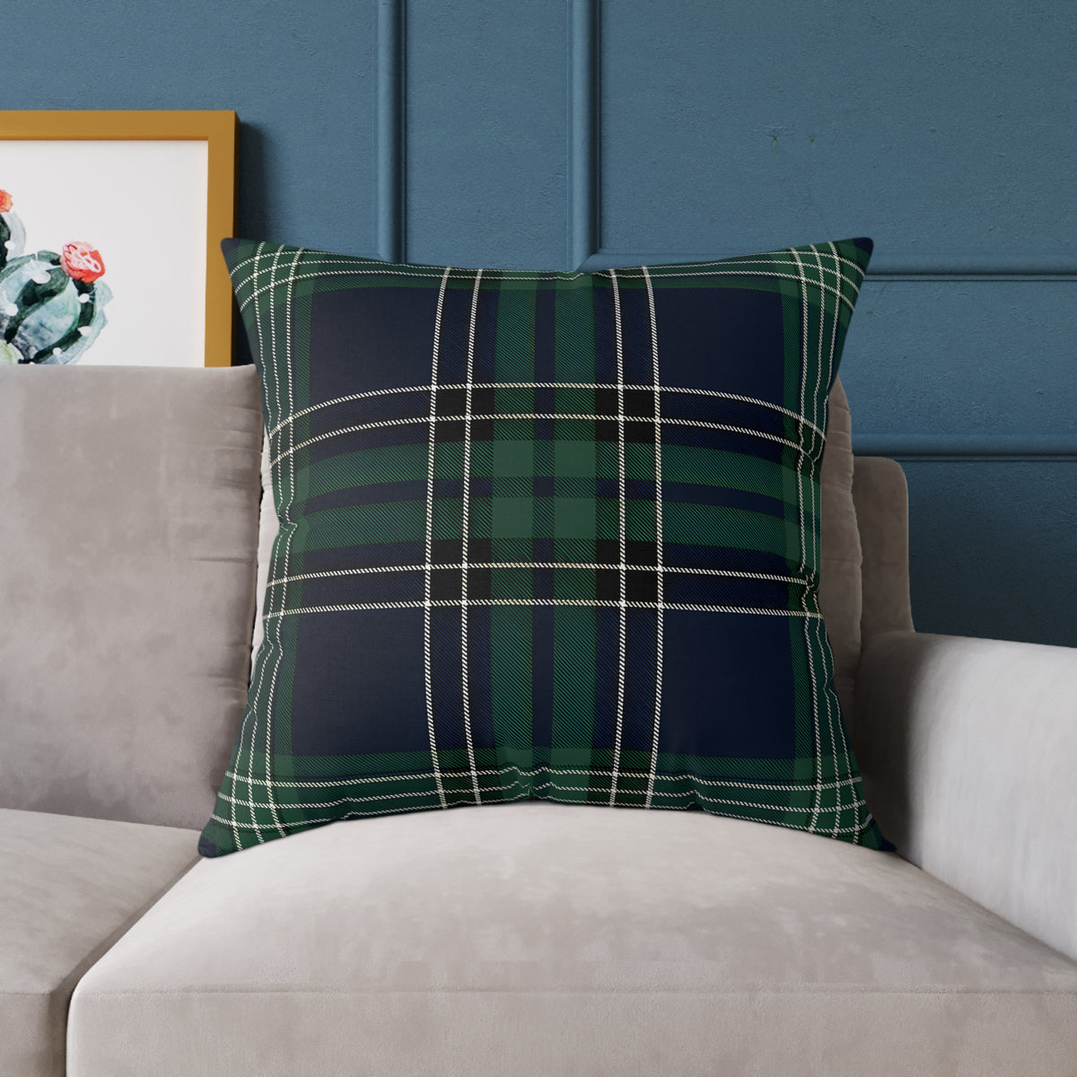 Green Navy White Tartan Plaid Square Poly Canvas Pillow | Woodland Plaid Throw Pillow