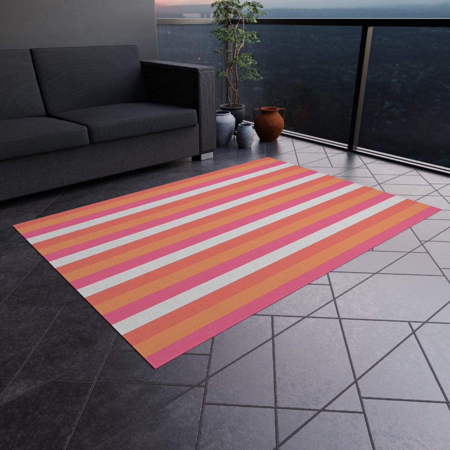 Coral Pink Striped Outdoor Rug | Patio Mat, Water-Resistant