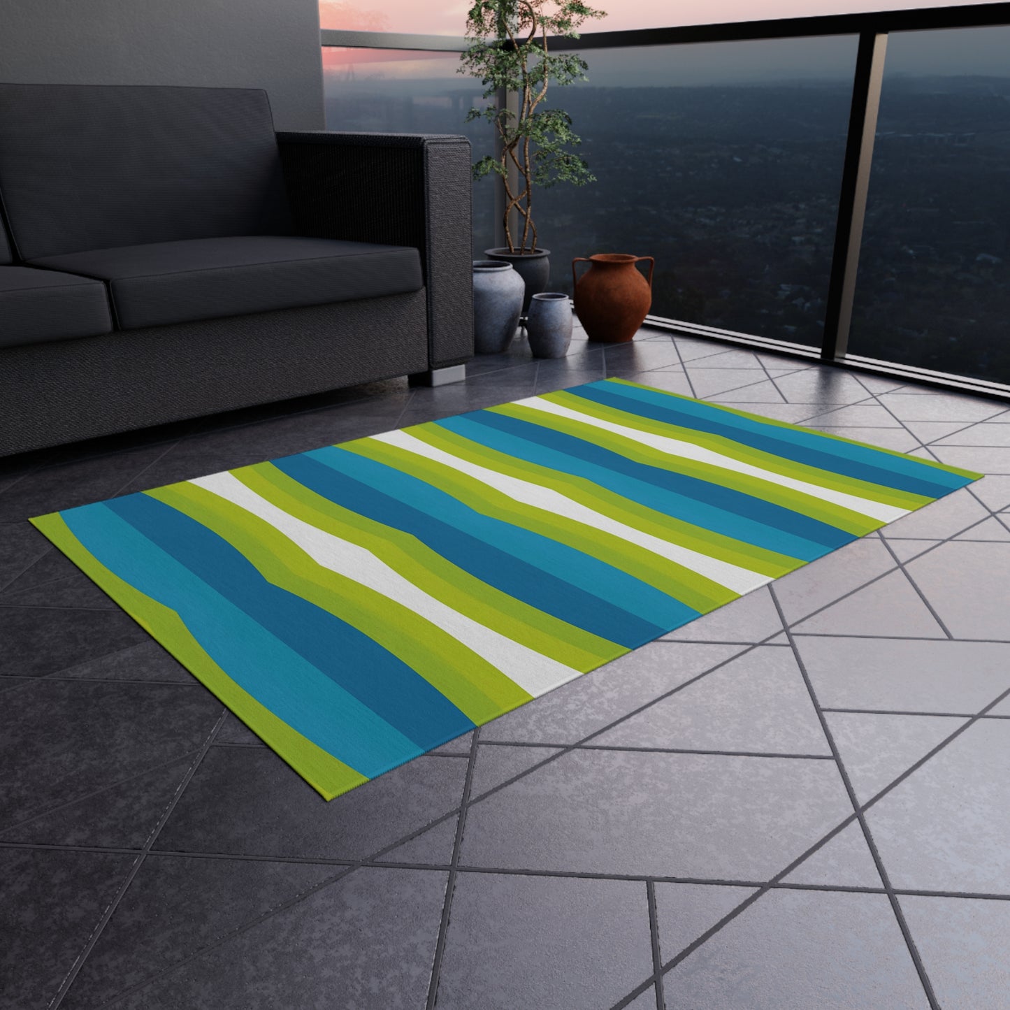 Blue Green White Wave Stripe Outdoor Rug | Patio Mat