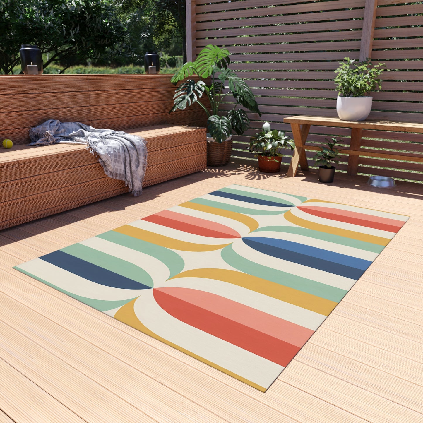 Mid Century Rainbow Arch Outdoor/Indoor Rug | Retro Geometric Patio Mat