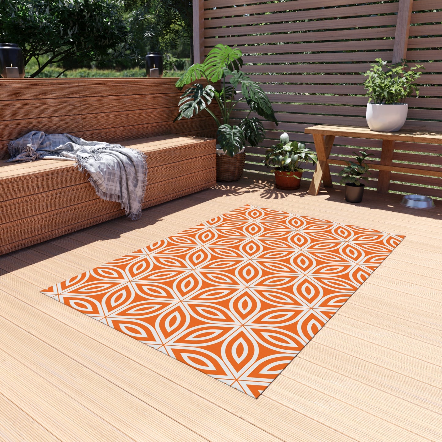 Geometric Floral Tile Outdoor/Indoor Rug | Orange Patterned Patio Mat