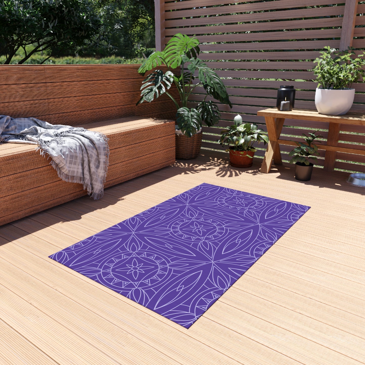 Geometric Floral Tile Indoor/Outdoor Rug | Purple Patio Mat