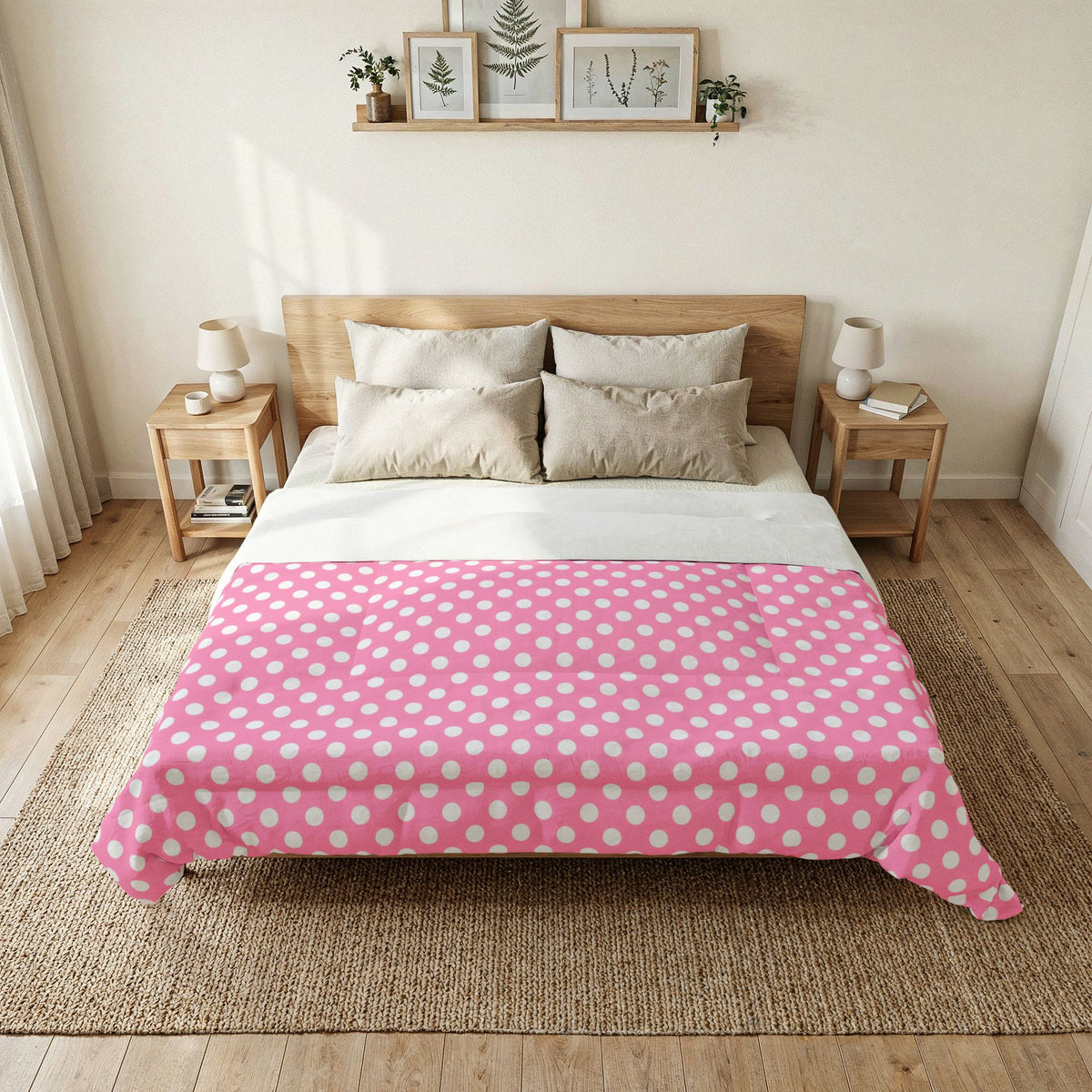 Pink White Polka Dot Cotton Comforter | White Dot Bedding, Kids Room Throw