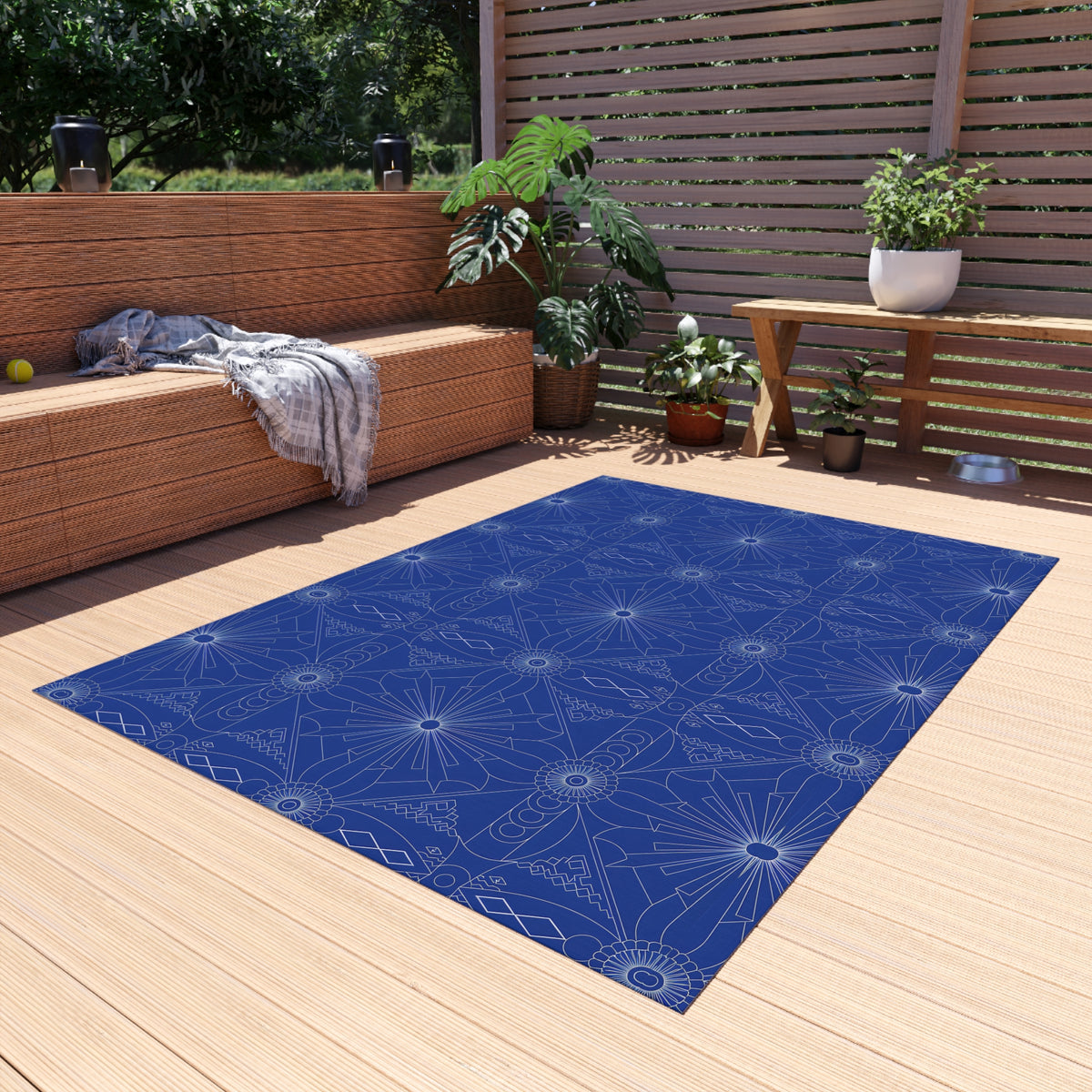 Cobalt Geometric Starburst Outdoor Rug | Patterned Patio Mat