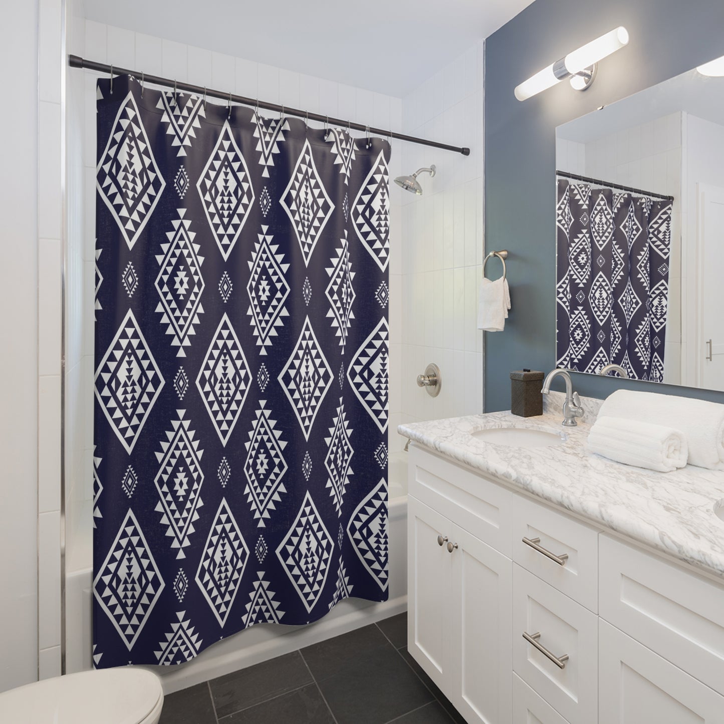 Navy Aztec Diamond Shower Curtain | Southwestern Geometric Bathroom Decor, Boho Bathroom Accessory