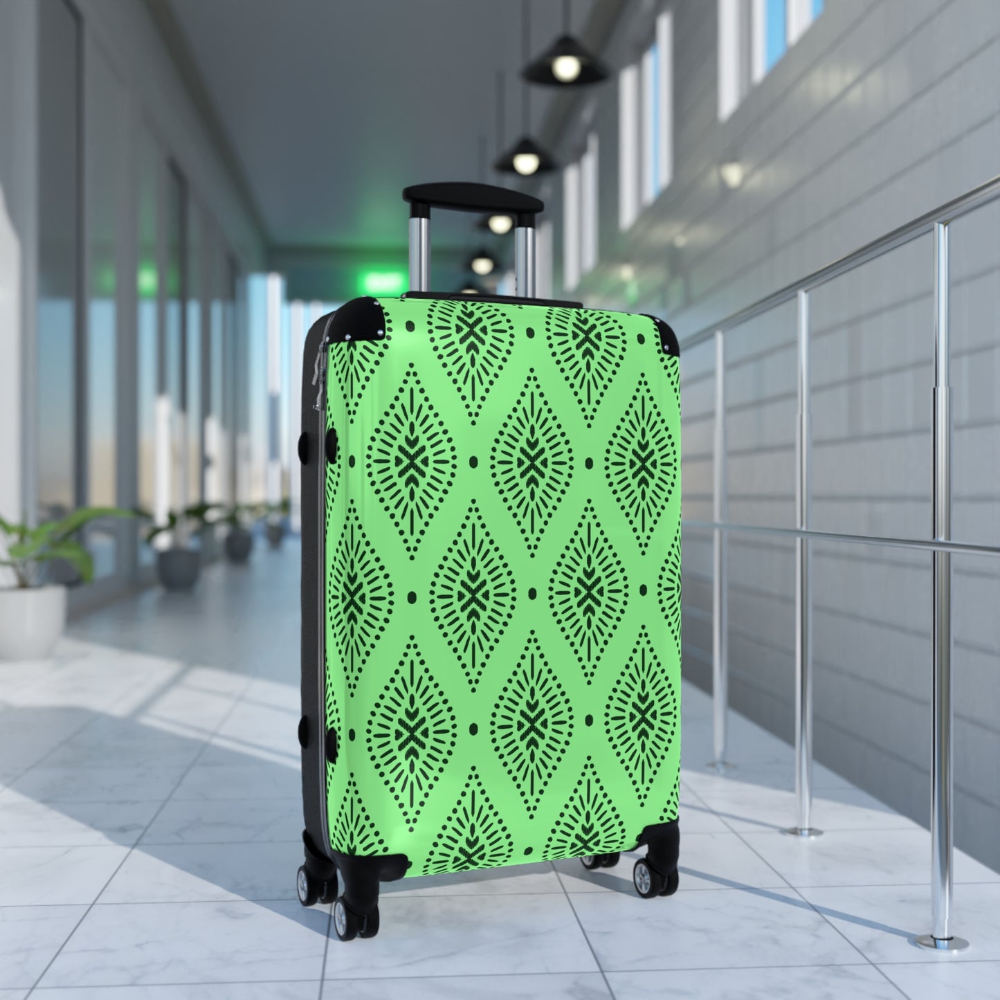 Lime Green and Black Moroccan Tile Pattern Suitcase | Boho Luggage Travel Accessory