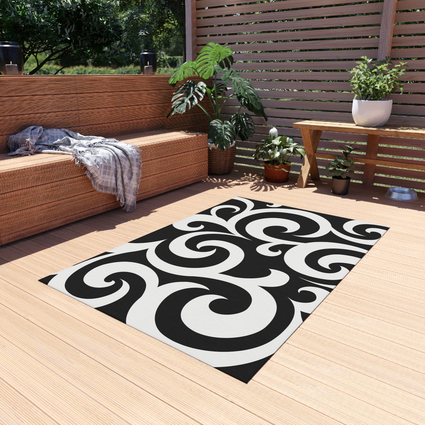 Black White Swirl Pattern Outdoor Rug | Modern Scroll Patio Mat