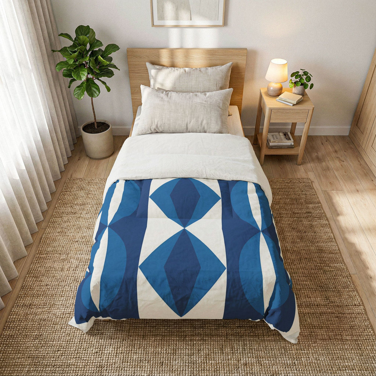 Blue Geometric Diamond Pattern Cotton Comforter | Modern Ikat Bedding