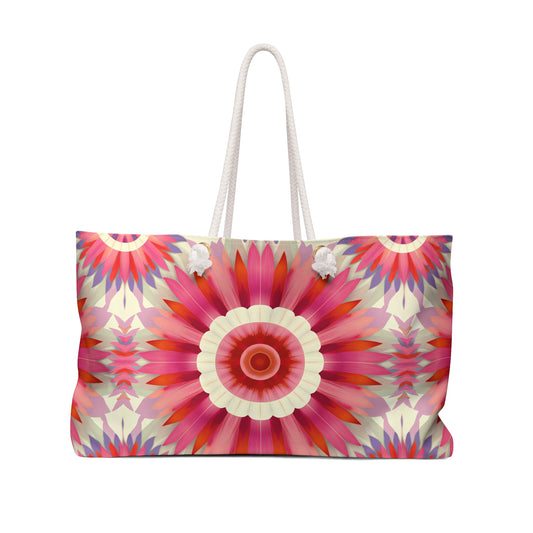 Pink, Orange, Off-White Boho Flower, Oversized Weekender Bag, Beautiful Travel Accessory, Stylish Travel Gear