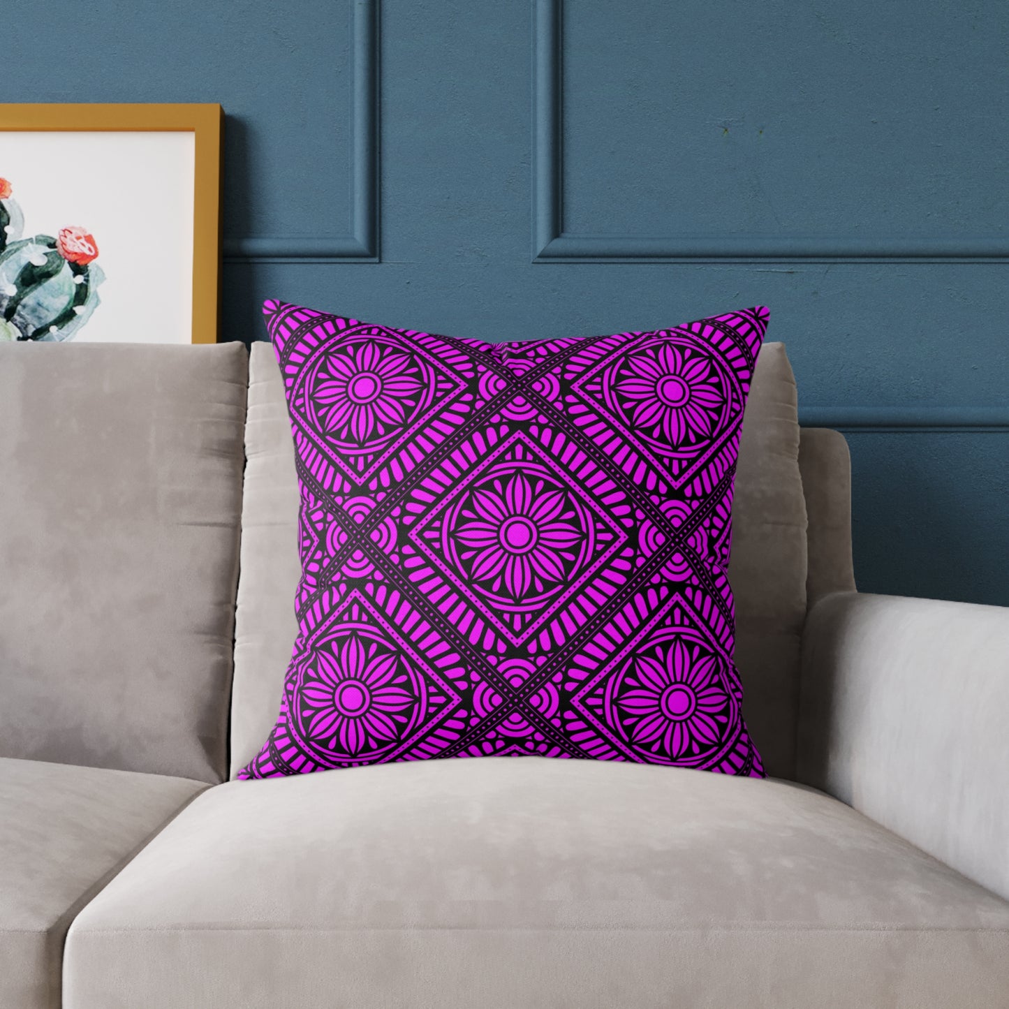 Magenta Floral Tile Pillow | Square Throw Pillow, Geometric Pattern