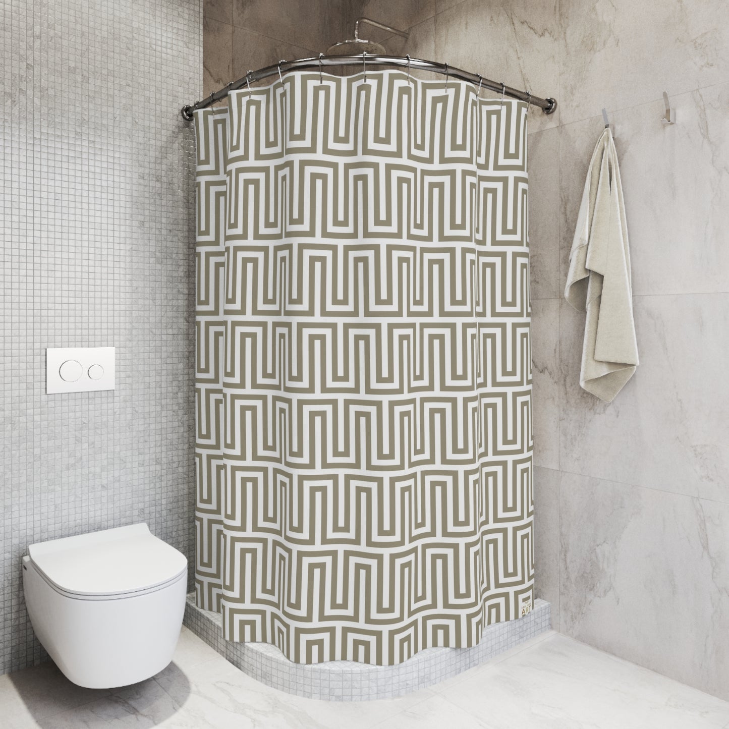 Geometric Greek Key Pattern Shower Curtain | Neutral Taupe Maze Design Classy Bathroom Accessory