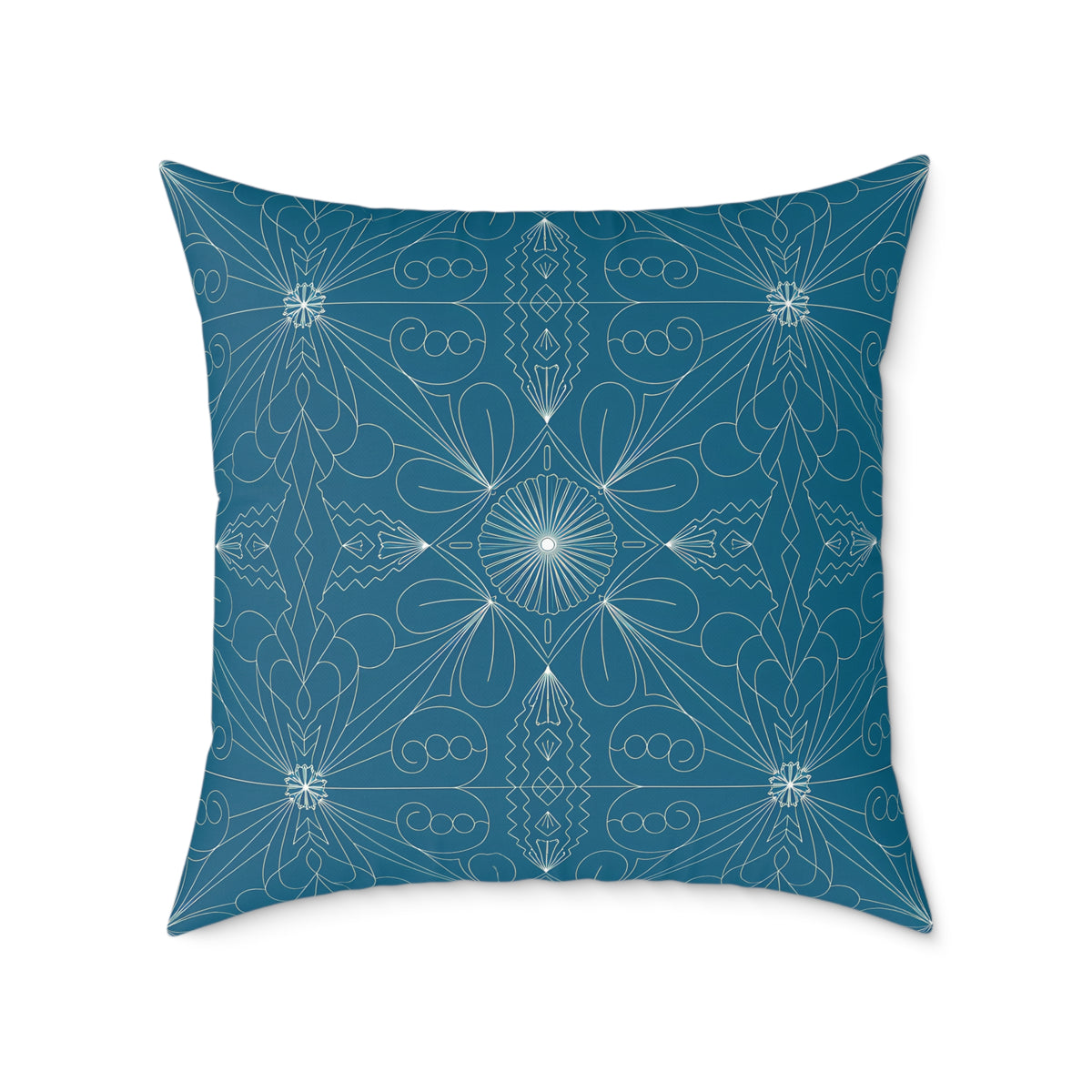 Teal Geometric Mandala Square Poly Canvas Pillow | Floral Star Pattern