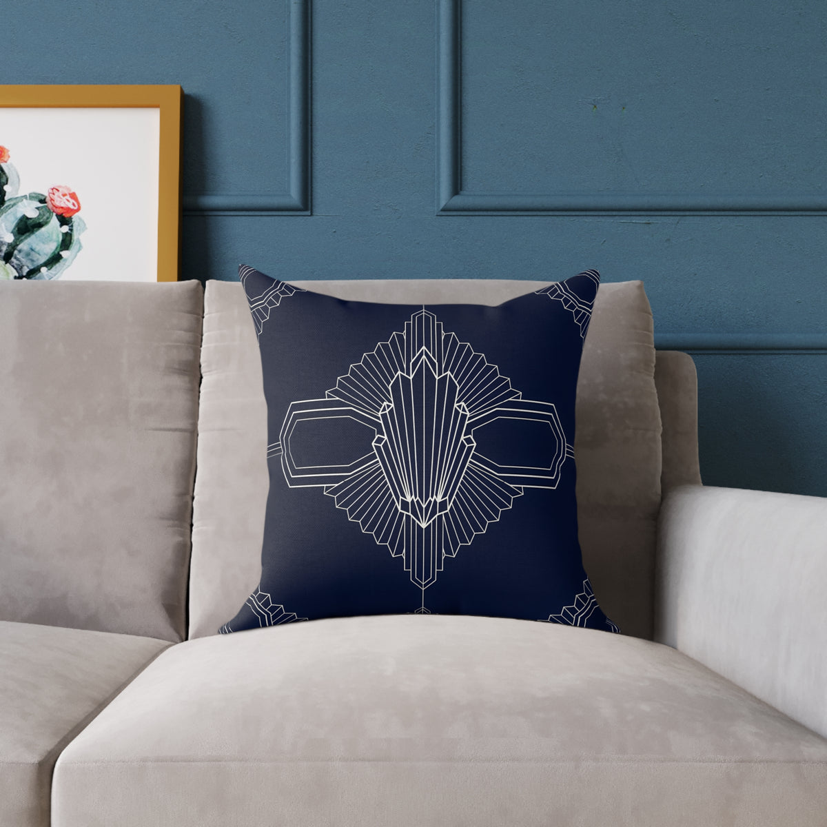 Art Deco Geometric Pattern Square Pillow | Navy White Canvas Throw Pillow