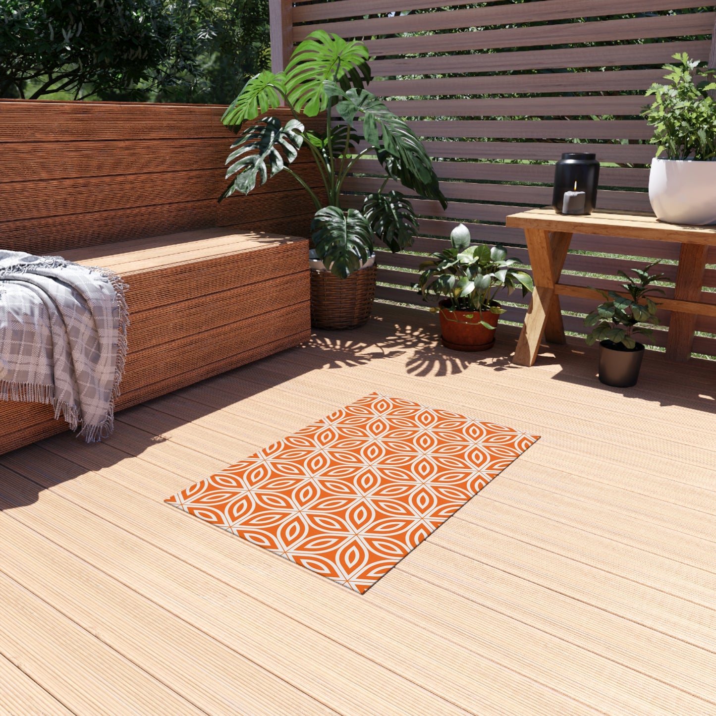 Geometric Floral Tile Outdoor/Indoor Rug | Orange Patterned Patio Mat