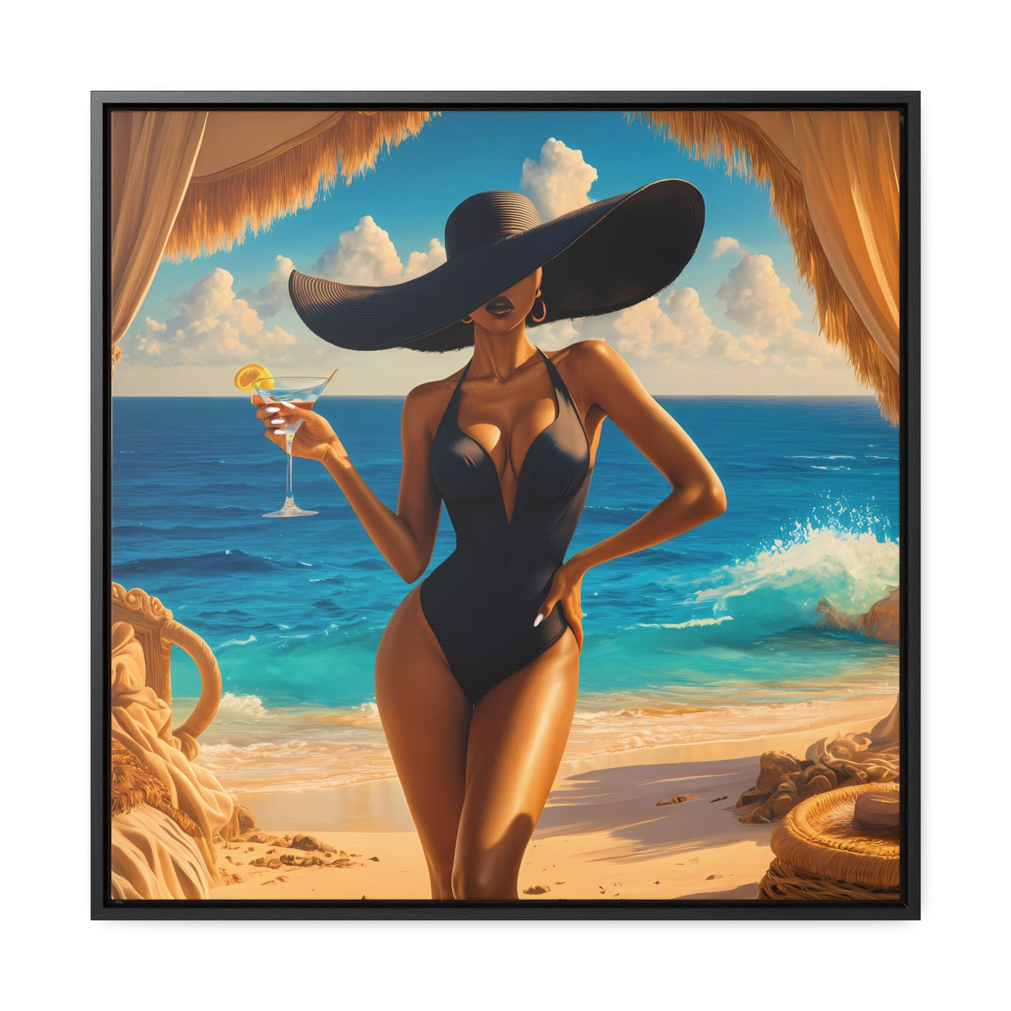 Canvas Wall Art, Woman in Sunhat at Beach with Martini, Home Decor, Square Frame, Vacation, Summer, Ocean View, Tropical Artwork, Beach