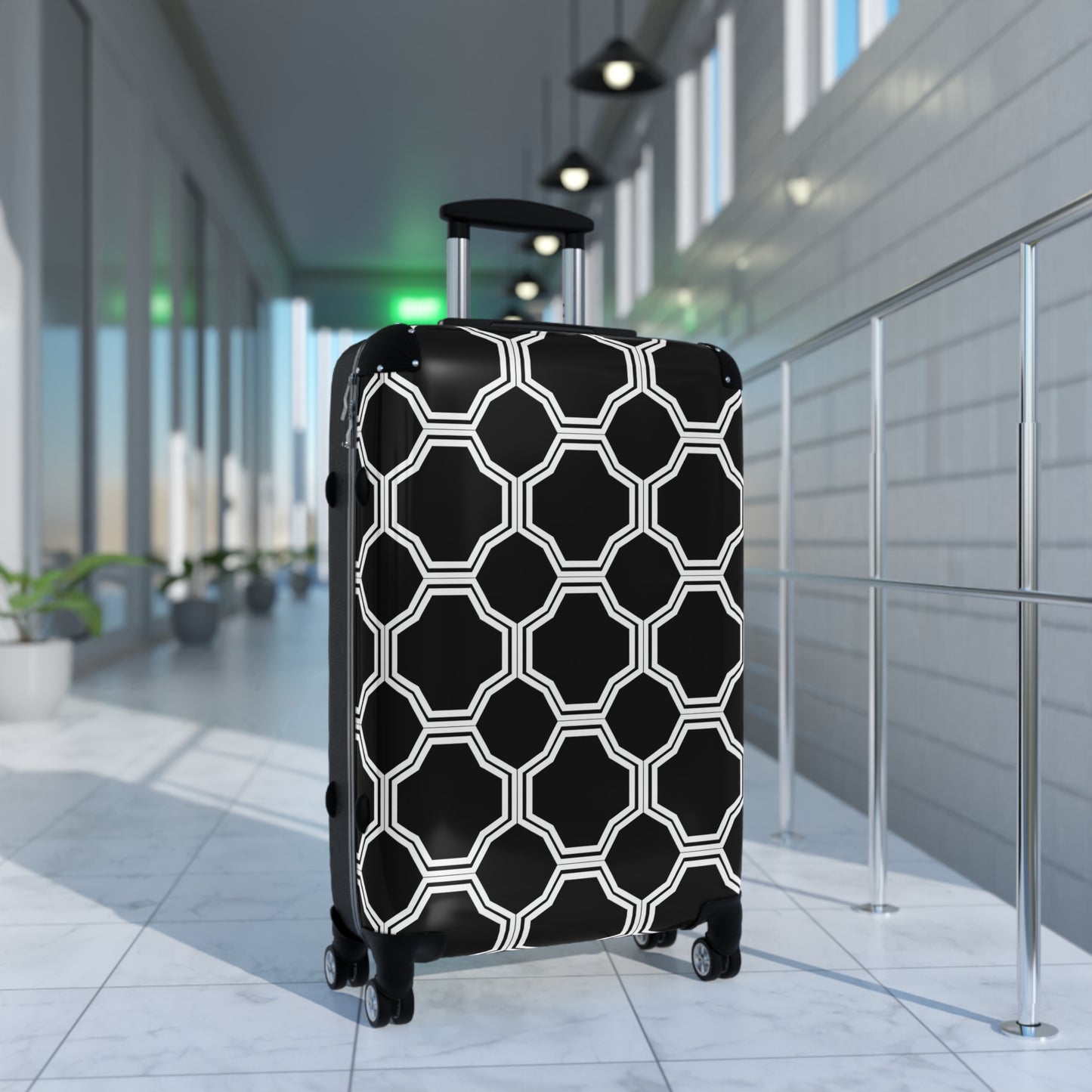 Black and White Octagon Tile Suitcase | Geometric Pattern Travel Luggage