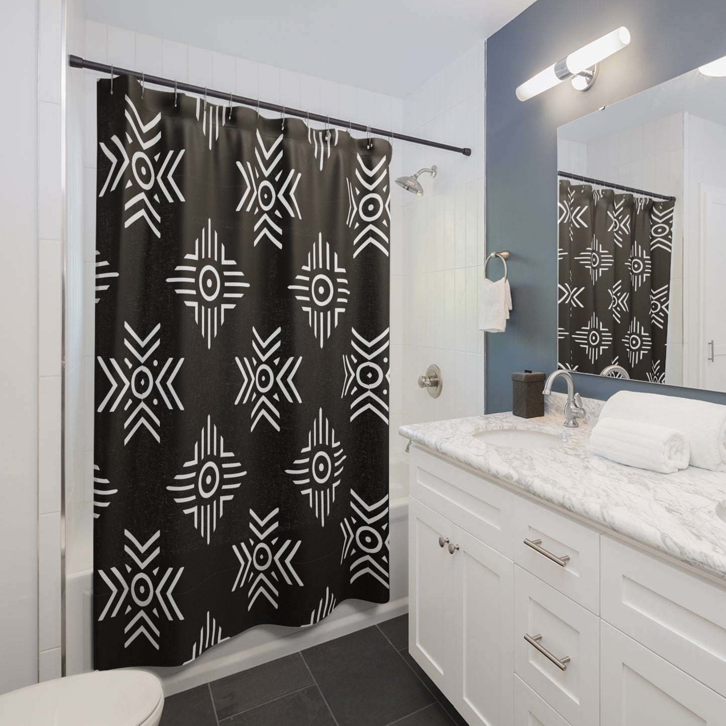 Black White Tribal Geometric Shower Curtain | Aztec Pattern Bathroom Decor