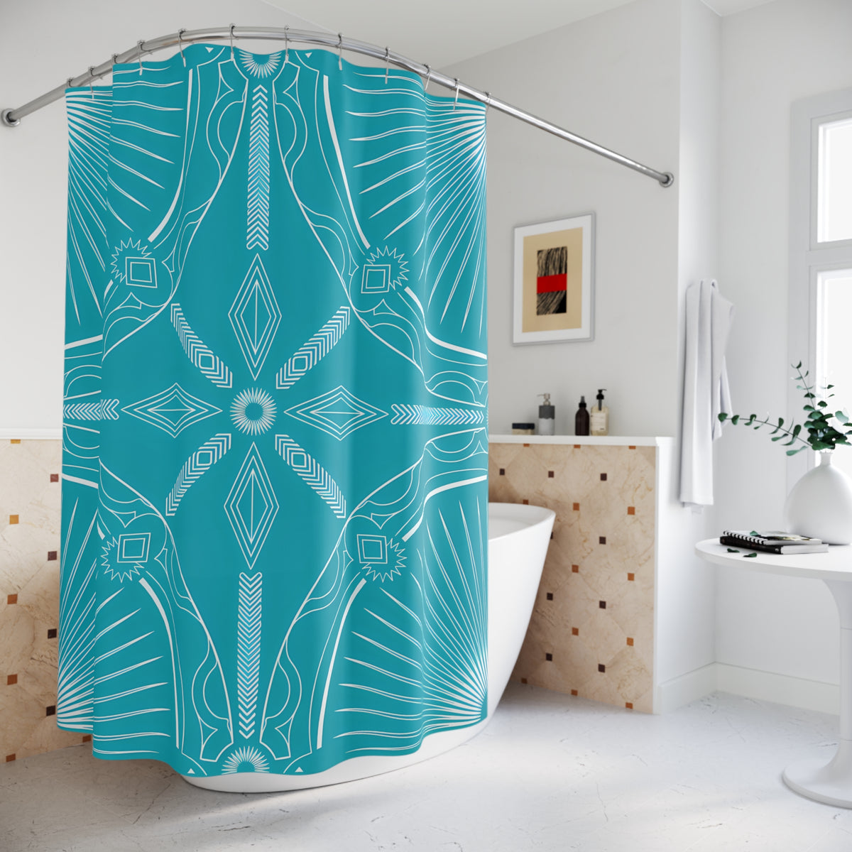 Turquoise Geometric Mandala Shower Curtain | Boho Pattern Bathroom Decor