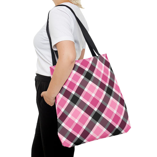 Chic Pink Plaid Tote Bag, Fashionable Shopping Bag, Stylish Everyday Tote, Eco-Friendly Bag, Trendy Accessory for All Occasions - LOLA VEGAS ART