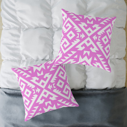 Pink White Boho Geometric Aztec Pattern Pillow | Square Pillow