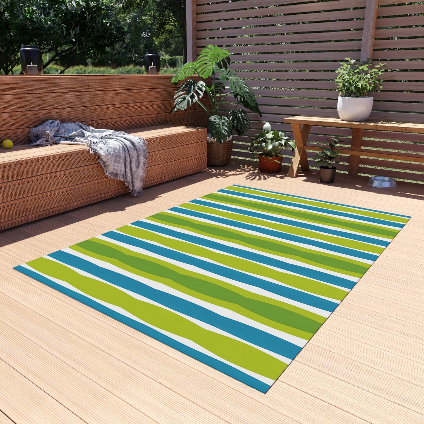 Blue Green Wave Stripe Outdoor/Indoor Rug | Patio Mat, Weatherproof Floor Covering