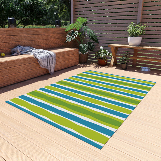Blue Green Wave Stripe Outdoor/Indoor Rug | Patio Mat, Weatherproof Floor Covering