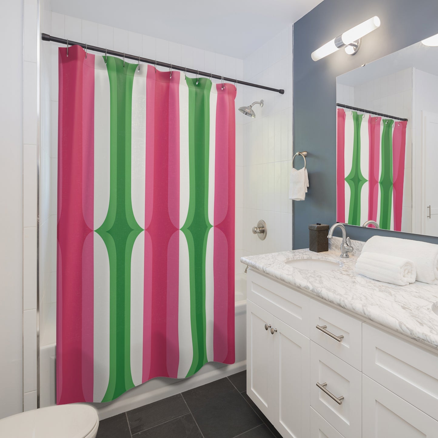 Retro Pink Green Stripe Shower Curtain | Mid Century Modern Bathroom