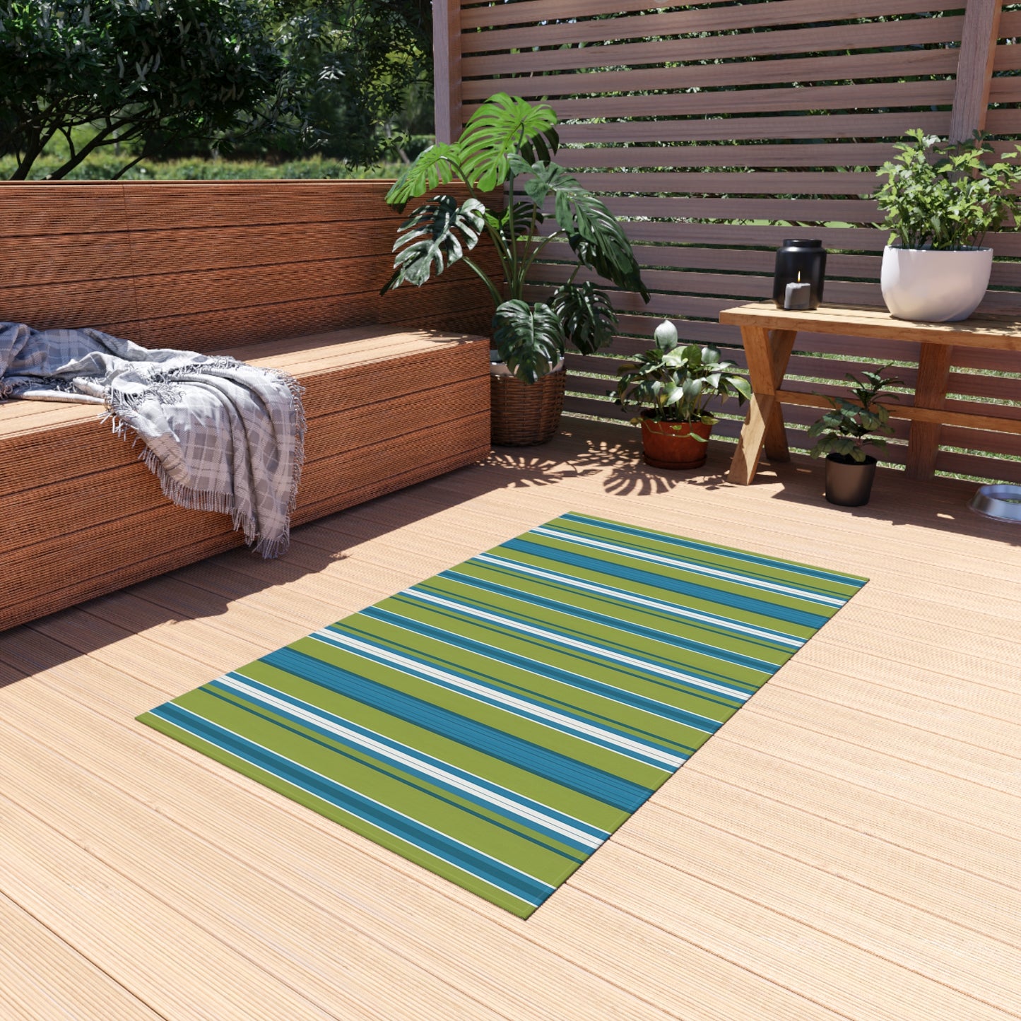 Blue Green White Stripe Outdoor/Indoor Rug | Patio Deck Mat