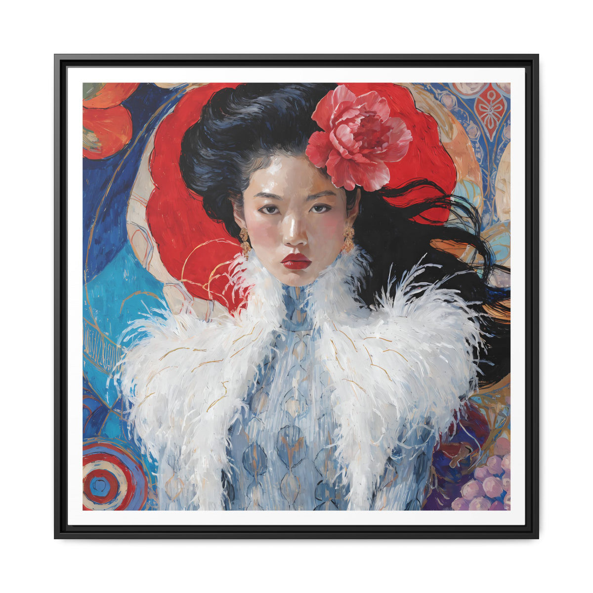 Asian Femme Portrait Matte Canvas Framed | Woman with Feather Collar Wall Art