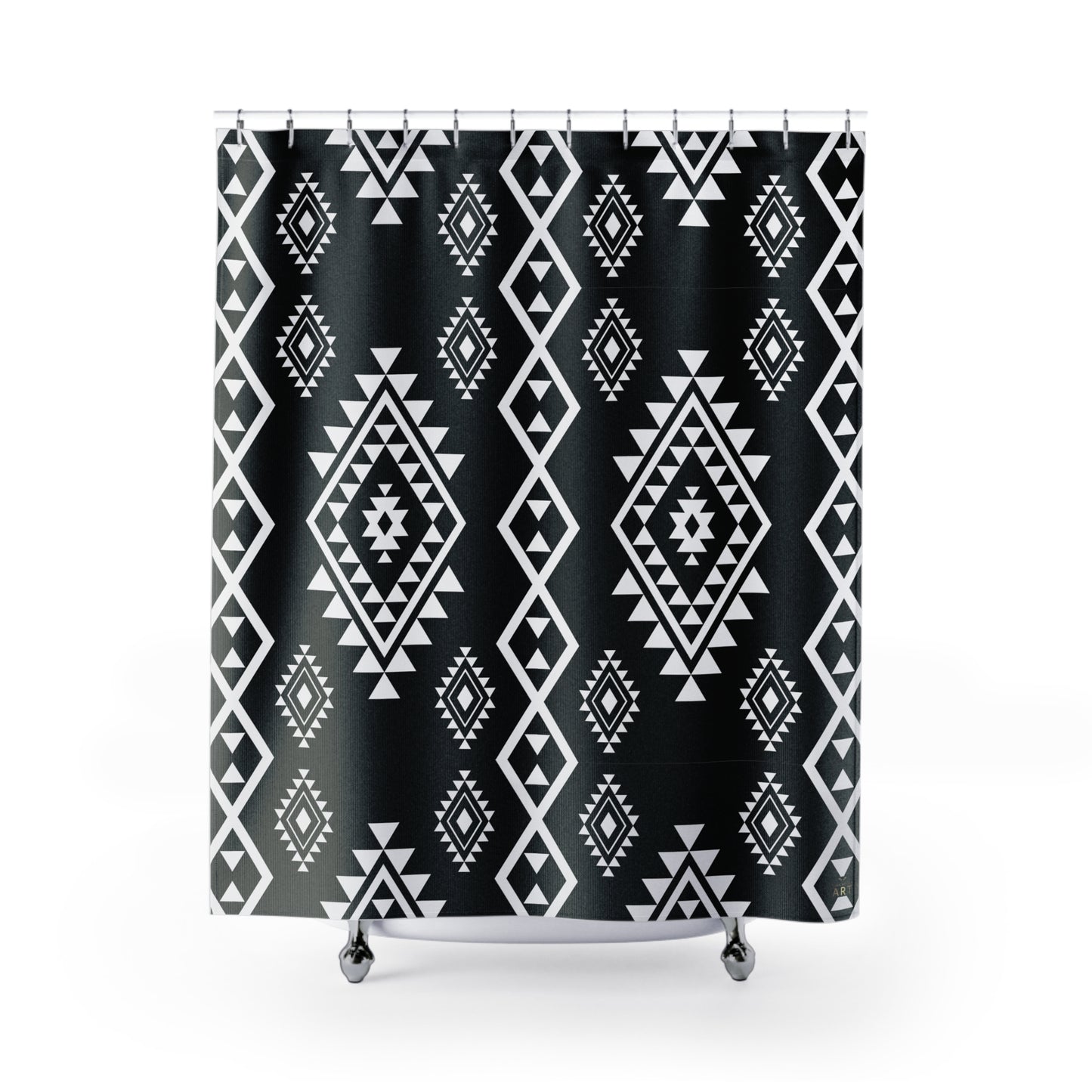 Black & White Aztec Geometric Shower Curtain | Tribal Diamond Pattern Boho Bathroom Accessory